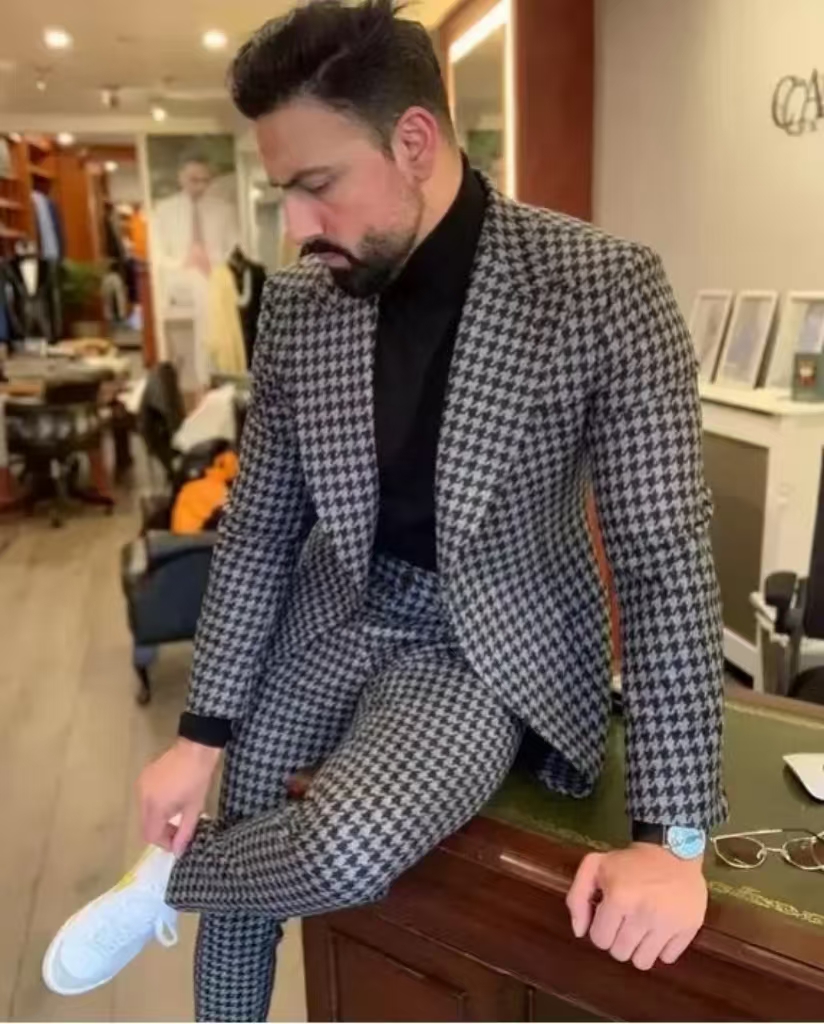 Men Formal Wear Pants - Houndstooth Vintage Men's Suit Peak Lapel