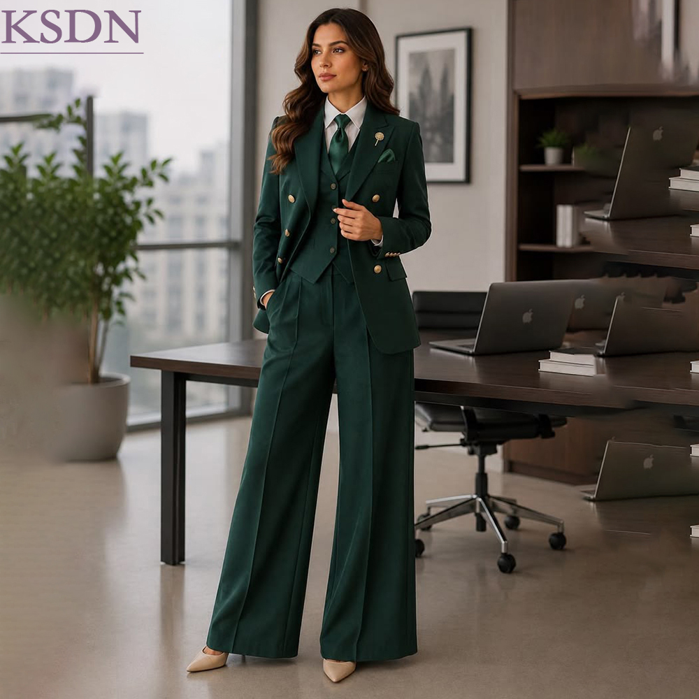 Double Breasted Blazer - Formal Green Women's Suits For Business