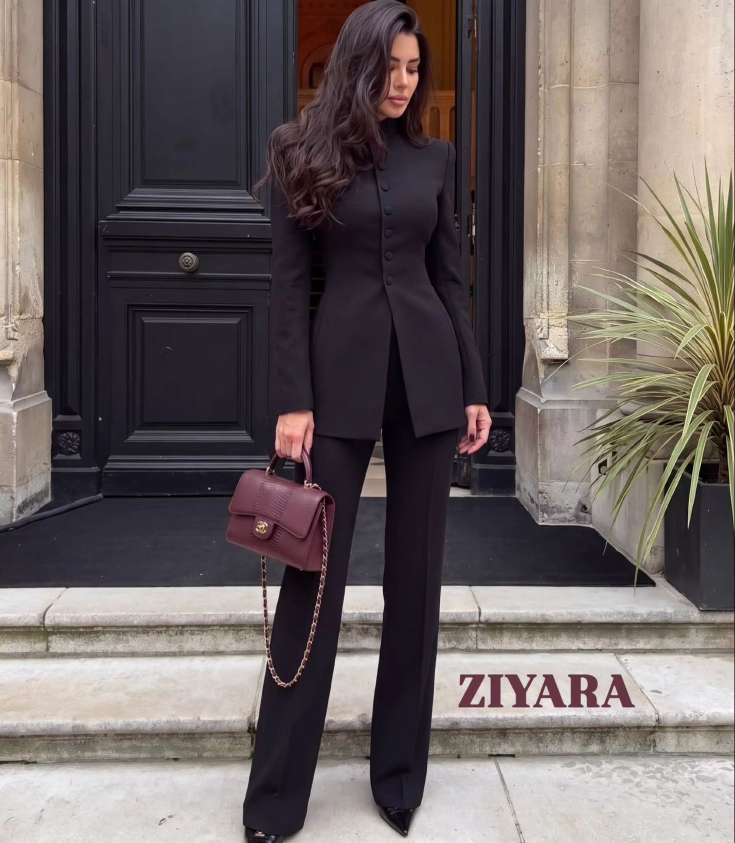 Double Breasted Blazer - Women 2 Piece Suit Mandarin Collar