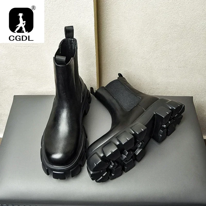 Men Formal Wear With Boots - Genuine Leather Thick-soled Men Boots Vintage