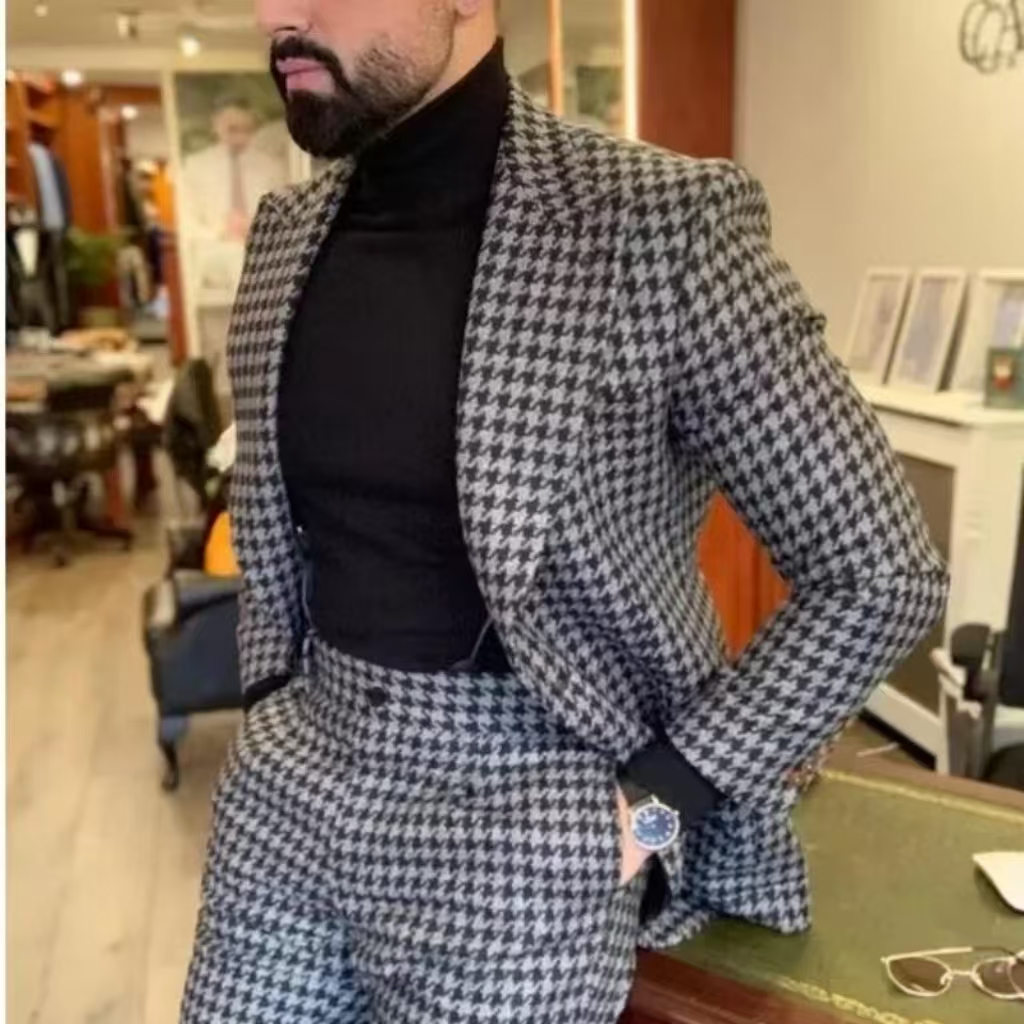 Houndstooth Vintage Men's Suit - Men Formal Wear Pants 评论和价格
