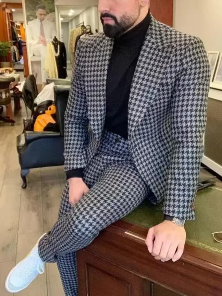 Houndstooth Vintage Men's Suit - Men Formal Wear Pants 评论和价格