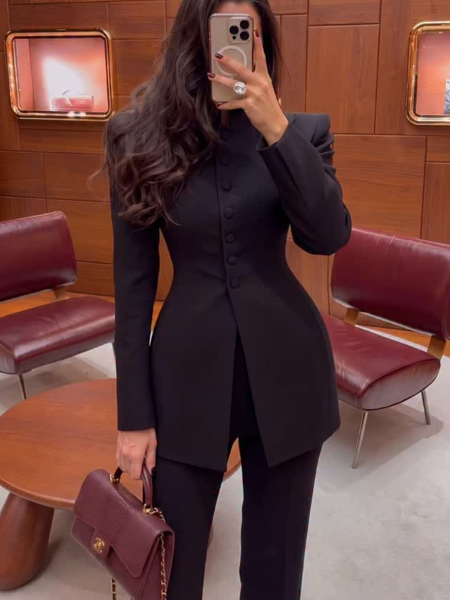 Women 2 Piece Suit Mandarin Co - Double Breasted Blazer 评论和价格