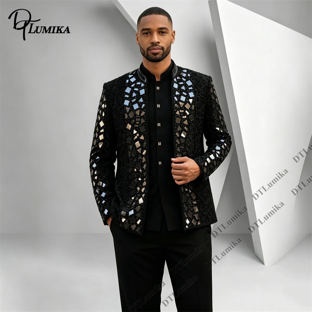 Men Black Mandarin Collar Suit - Men Formal Wear Pants 评论和价格