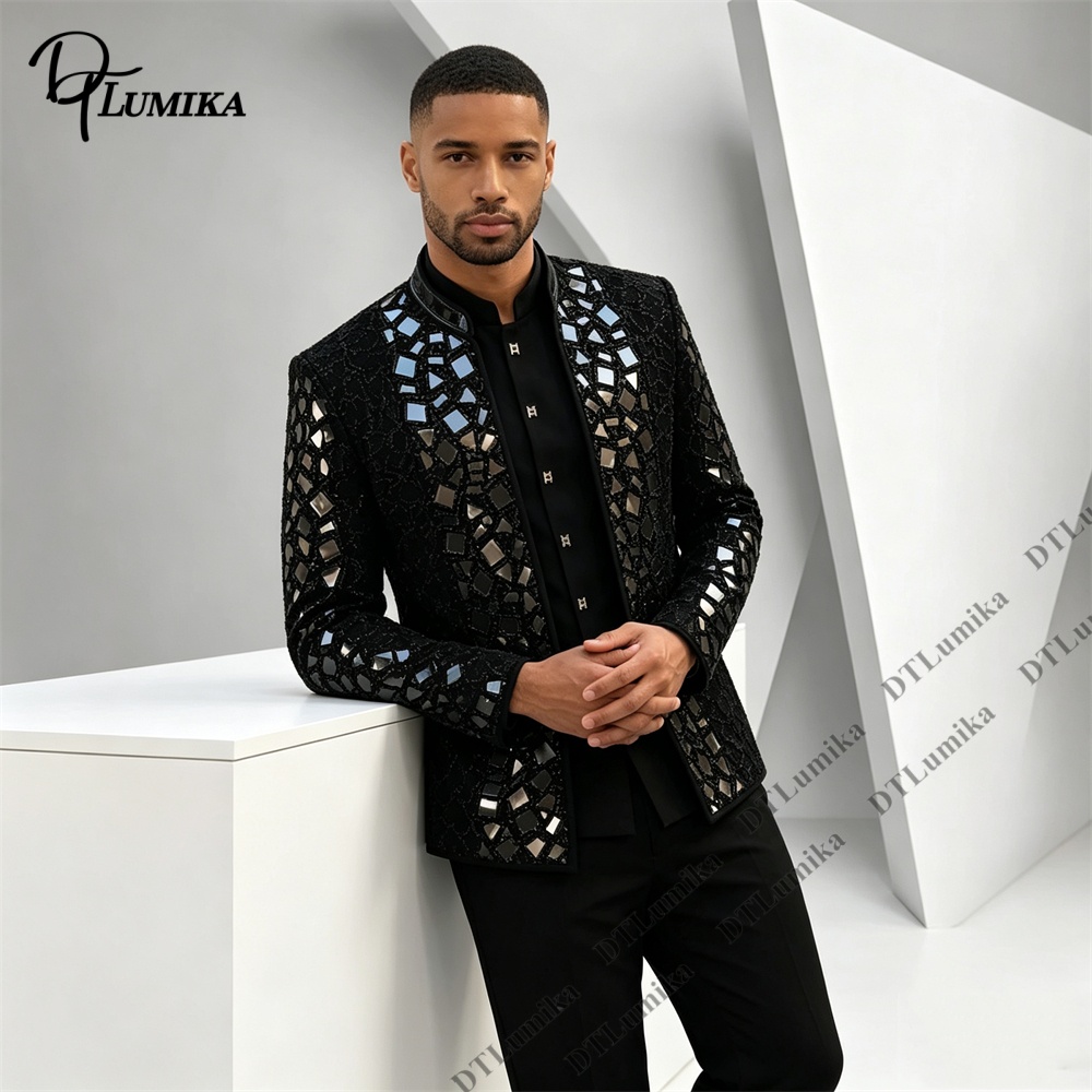 Men Black Mandarin Collar Suit - Men Formal Wear Pants 评论和价格