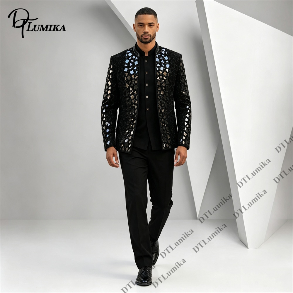Men Black Mandarin Collar Suit - Men Formal Wear Pants 评论和价格