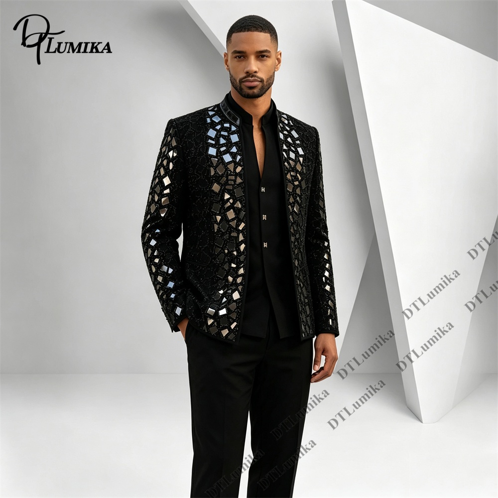 Men Black Mandarin Collar Suit - Men Formal Wear Pants 评论和价格