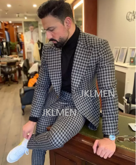 Houndstooth Mens Suits 2PCS We - Men Formal Wear Pants 评论和价格