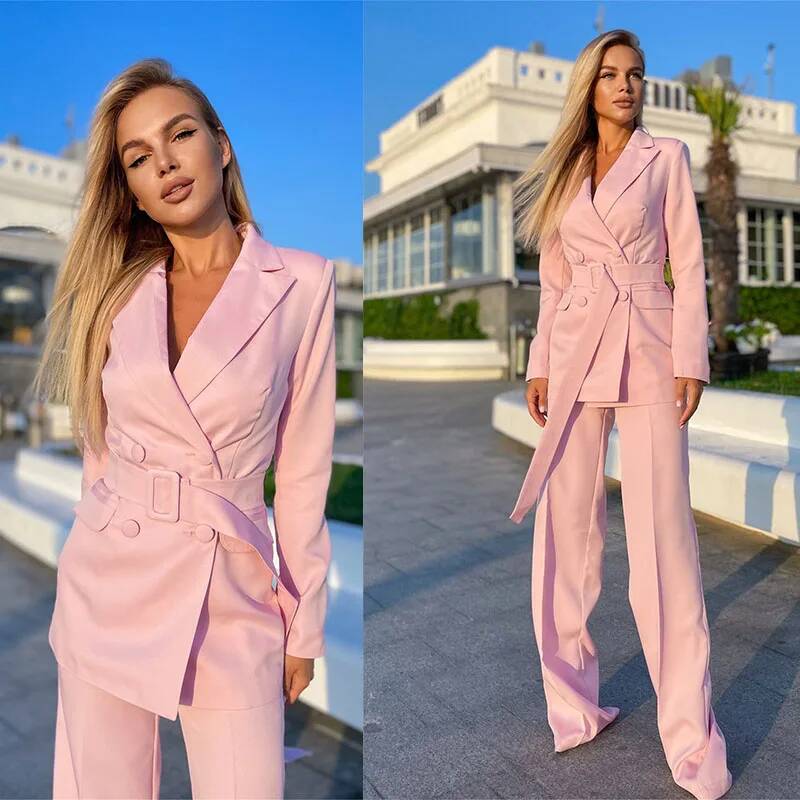 Ladies Pink Suits 2 Pieces Bus - Double Breasted Blazer 评论和价格