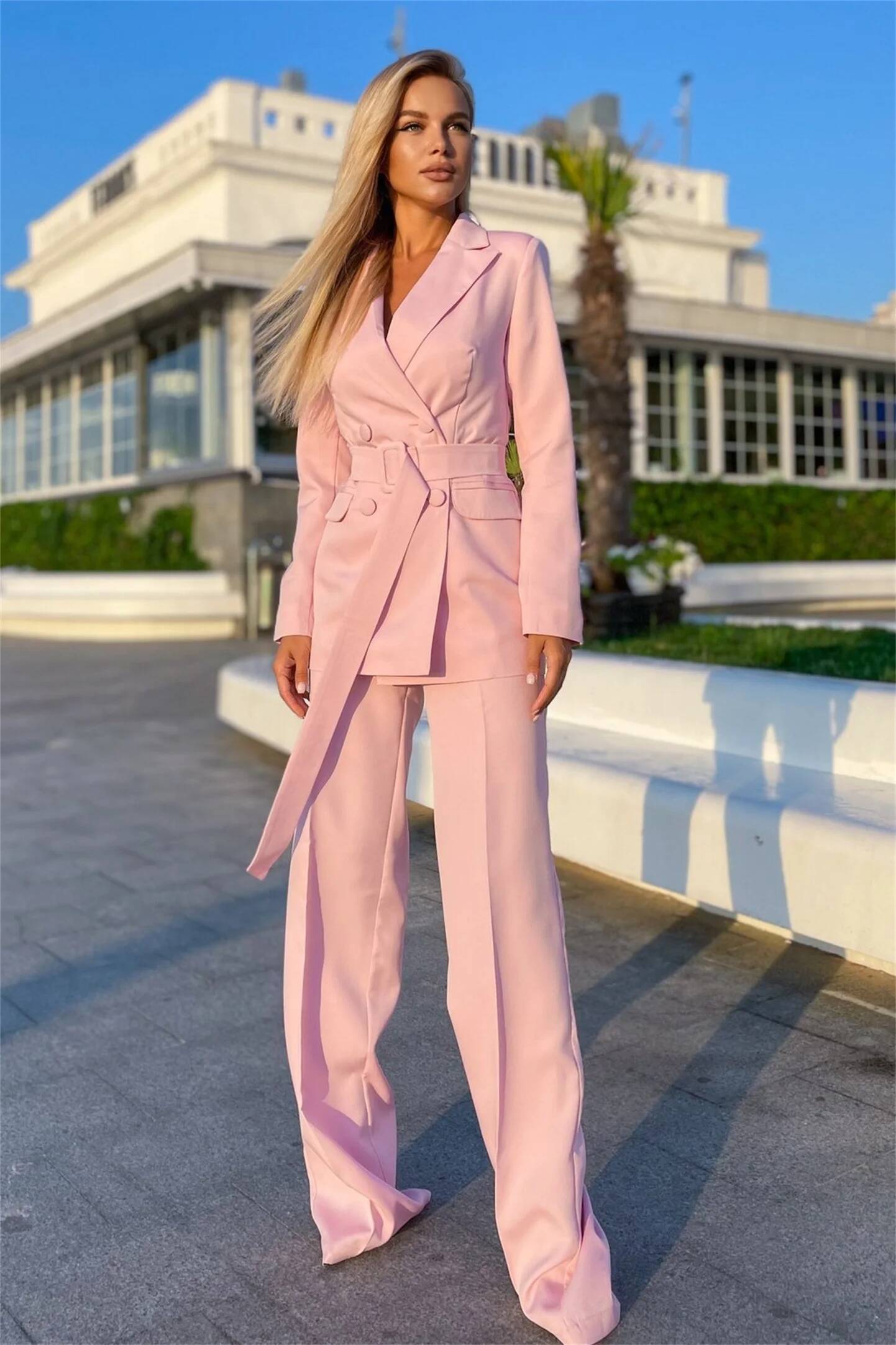 Ladies Pink Suits 2 Pieces Bus - Double Breasted Blazer 评论和价格