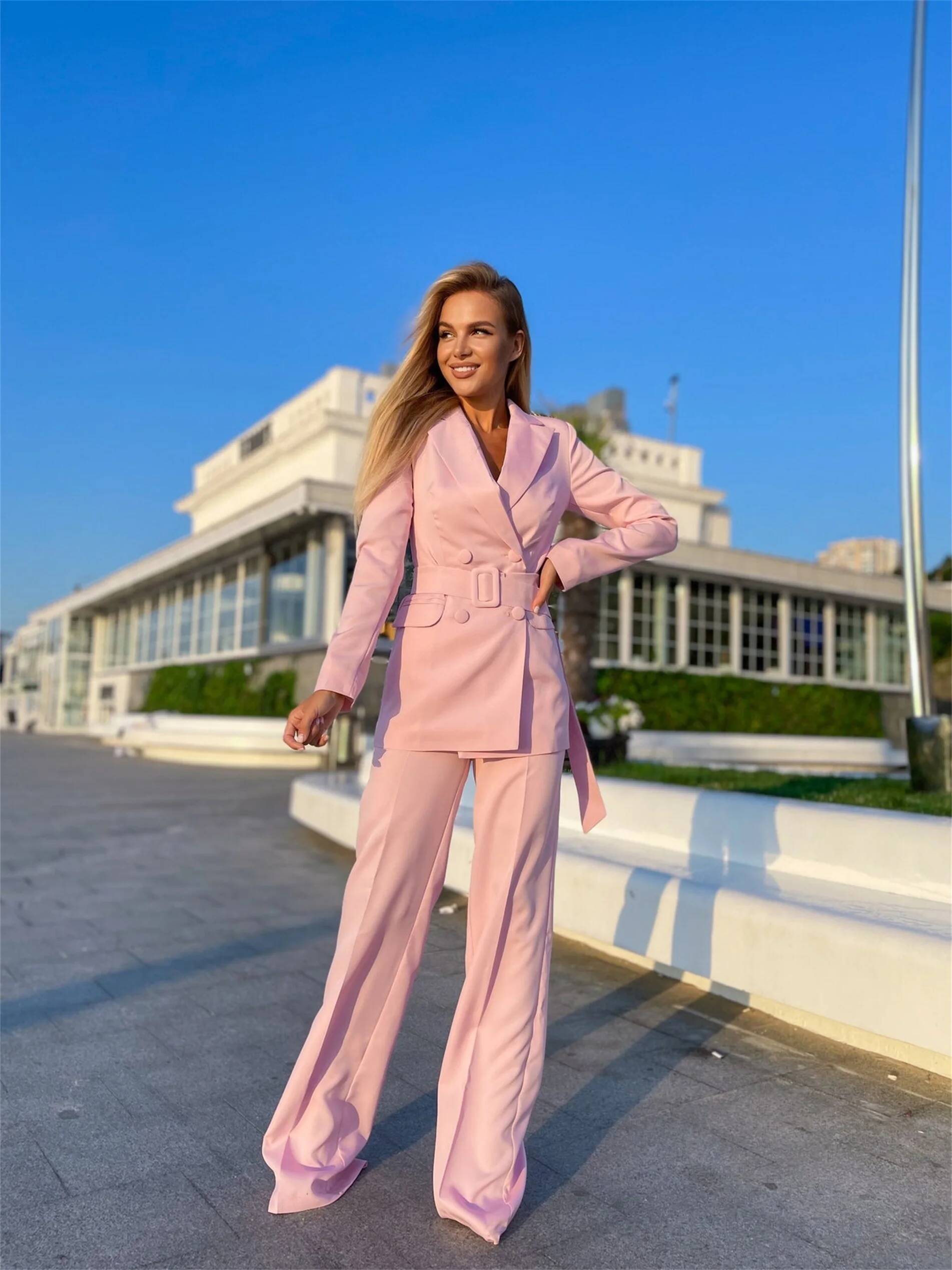 Ladies Pink Suits 2 Pieces Bus - Double Breasted Blazer 评论和价格